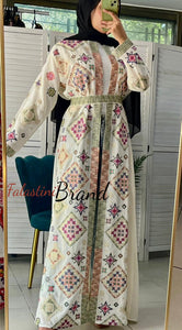 Stylish Off White and Colorful Georgette Diamond Embroidered Open Abaya Kaftan