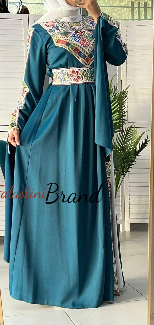 Gorgeous Turquoise Satin Dress With Colorful Embroidery and Slit Sleeves