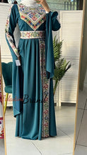 Gorgeous Turquoise Satin Dress With Colorful Embroidery and Slit Sleeves