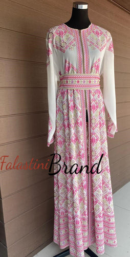 White And Pink Palestinian Embroidered Kaftan Dress