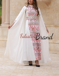 Royal White Embroidered Dress and Abaya Set with Colored Embroidery