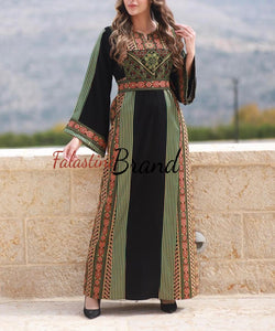 Modern Style Black and Green Palestinian Thobe with Unique Embroidery and Kashmir Details