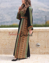 Modern Style Black and Green Palestinian Thobe with Unique Embroidery and Kashmir Details