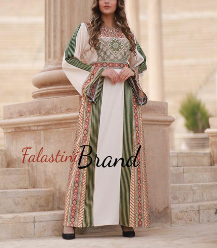 Modern Style Off White Palestinian Thobe with Unique Embroidery and Kashmir Details
