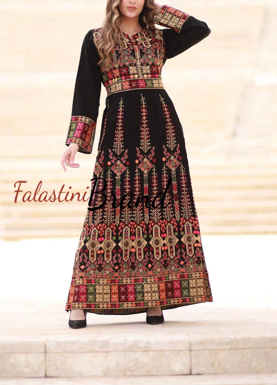 Unique Black Indian Style Thobe Dress with Palestinian Embroidery Unique Black Indian Style Thobe Dress with Palestinian Embroidery