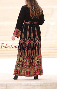 Unique Black Indian Style Thobe Dress with Palestinian Embroidery