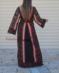 Trendy Majdalawi Fabric  Black Thob with Burgundy Tatreez and Manajil Details