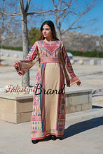 Trendy Beige Majdalawi Fabric Thob with Colorful Embroidery