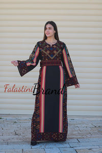 Trendy Majdalawi Fabric  Black Thob with Burgundy Tatreez and Manajil Details