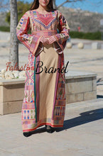 Trendy Beige Majdalawi Fabric Thob with Colorful Embroidery