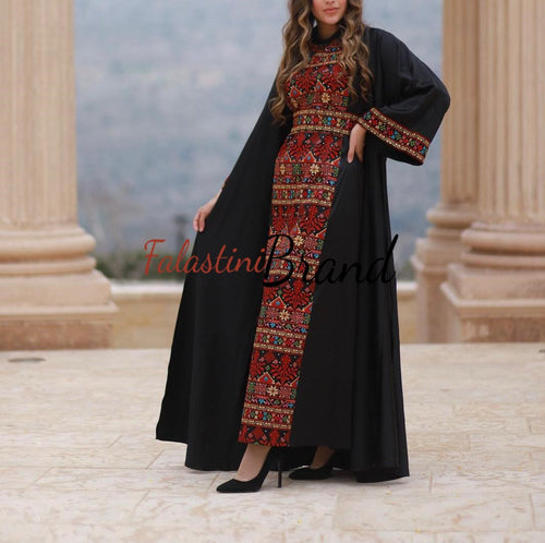 Royal Black Embroidered Dress and Abaya Set with Colored Embroidery