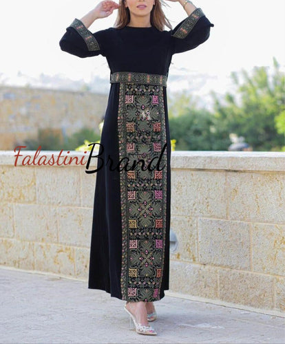Elegant Cut Black Dress with Green Embroidery