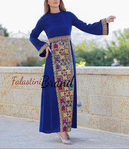 Elegant Cut Blue Dress with Beige Embroidery