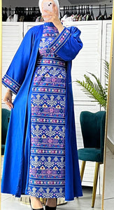 Royal Blue Satin Embroidered Dress and Abaya Set