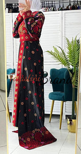 Amazing Black and Red Satin Thob with Unique Floral Embroidery Back Skirt