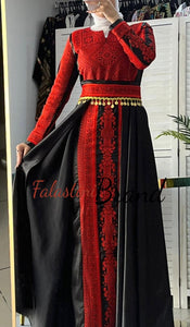 Amazing Black and Red Satin Thob Dress with Cloche Back Skirt and Coins Details