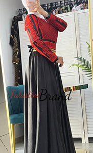 Amazing Black and Red Satin Thob Dress with Cloche Back Skirt and Coins Details