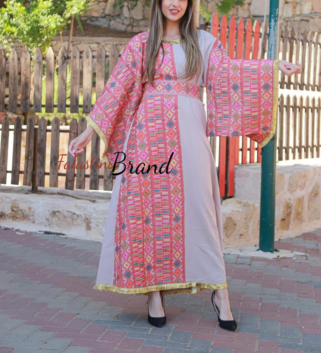 Very Stylish Beige Half Embroidered Dress with Wide Sleeve and Golden Details