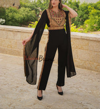 Stylish Black and Golden Jumpsuit With Palestinian Embroidery and Chiffon Sleeves