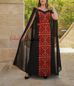 Black Sleeveless Long with Red Embroidery and Head Piece
