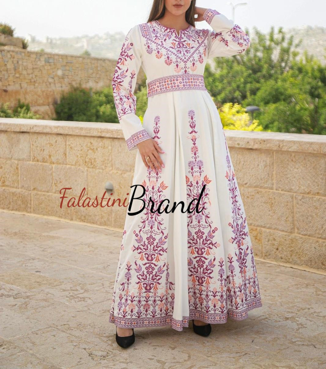 Super Elegant White Cloche Dress with Purple Colorful Embroidery 44/(XL) Super Elegant White Cloche Dress with Purple Colorful Embroidery 44/(XL)
