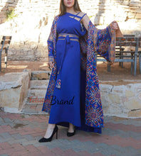 Blue and Golden Oversize Luxurious Full Embroidered Dress and Abaya Set