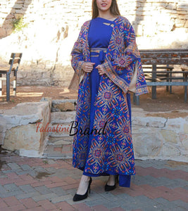 Blue and Golden Oversize Luxurious Full Embroidered Dress and Abaya Set