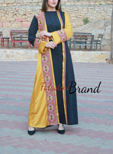 Elegant Yellow and Black Dress and Abaya Set with Palestinian Embroidery and Satin Details