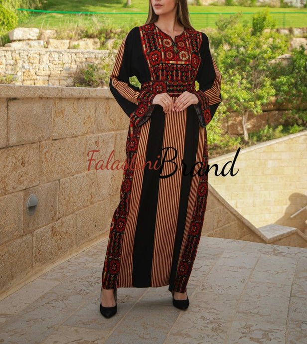 Modern Style Black and Red  Palestinian Thobe with Unique Embroidery and Kashmir Details