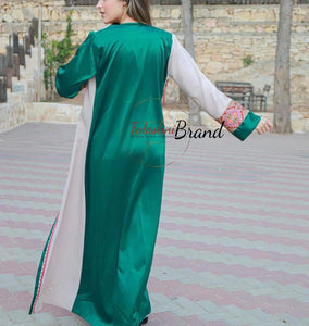 Elegant Green and Off White Dress and Abaya Set with Palestinian Embroidery and Satin Details