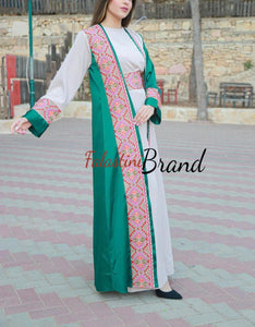 Elegant Green and Off White Dress and Abaya Set with Palestinian Embroidery and Satin Details