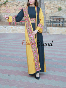 Elegant Yalow and Black Dress and Abaya Set with Palestinian Embroidery and Satin Details