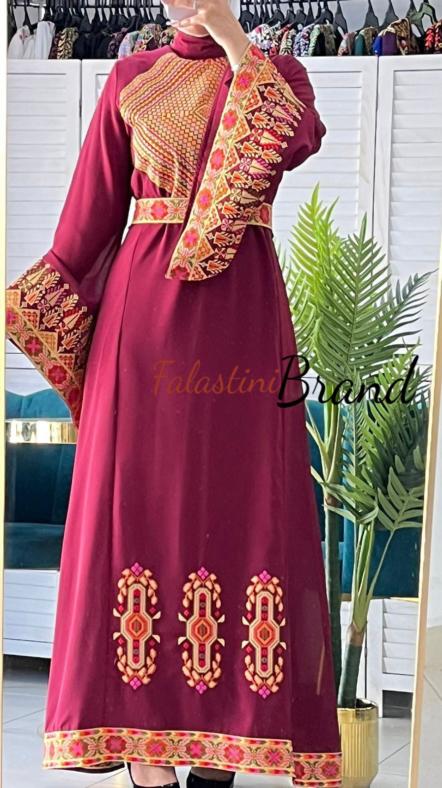embroidered dress brands Elegant Burgundy Shoulder Details Embroidered Dress 40/(M)