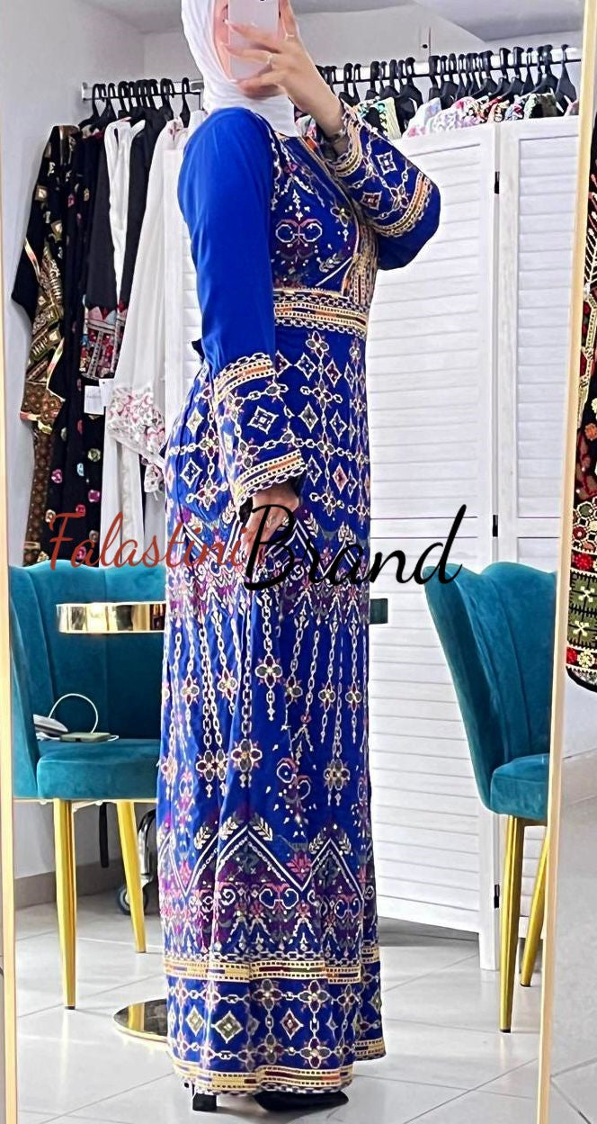 Unique Blue Indian Style Thobe Dress with Palestinian Embroidery Unique Blue Indian Style Thobe Dress with Palestinian Embroidery