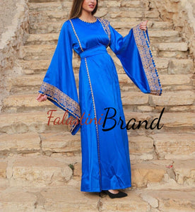 Blue Satin Abaya Dress with Golden Embroidery and Wide Sleeves