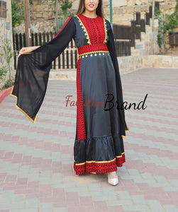 Very Elegant New Design Black and Red Embroidered Dress with Golden Sleeve Details