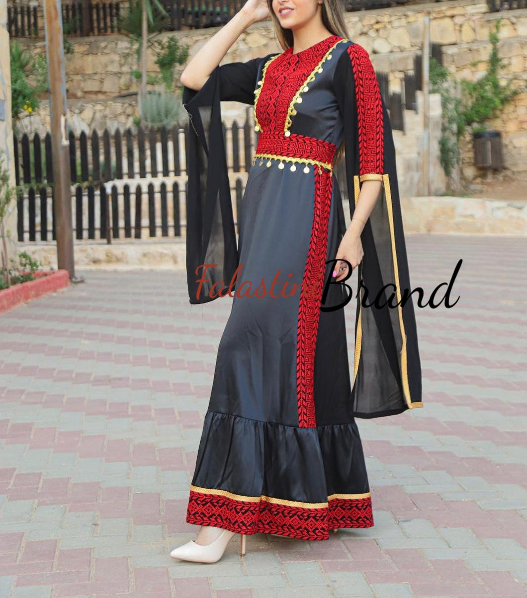 Very Elegant New Design Black and Red Embroidered Dress with Golden Sleeve Details