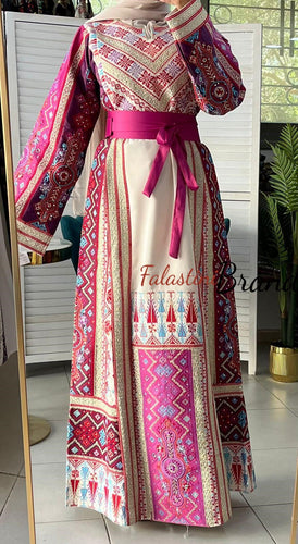 Very Luxurious Off White and Pink and Purple Thobe with Qasab and Satin Details