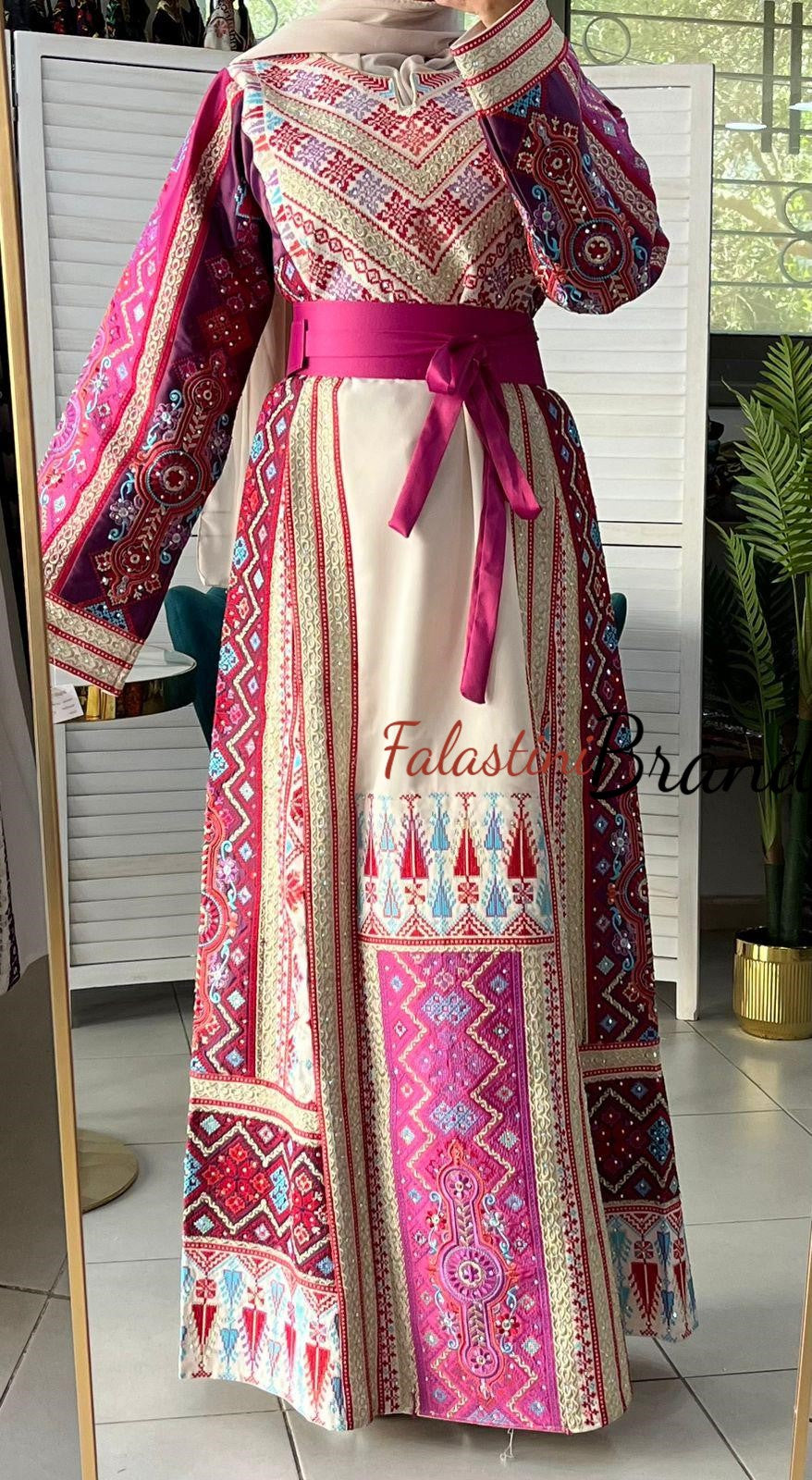 Very Luxurious Off White and Pink and Purple Thobe with Qasab and Satin Details