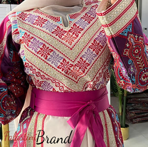 Very Luxurious Off White and Pink and Purple Thobe with Qasab and Satin Details