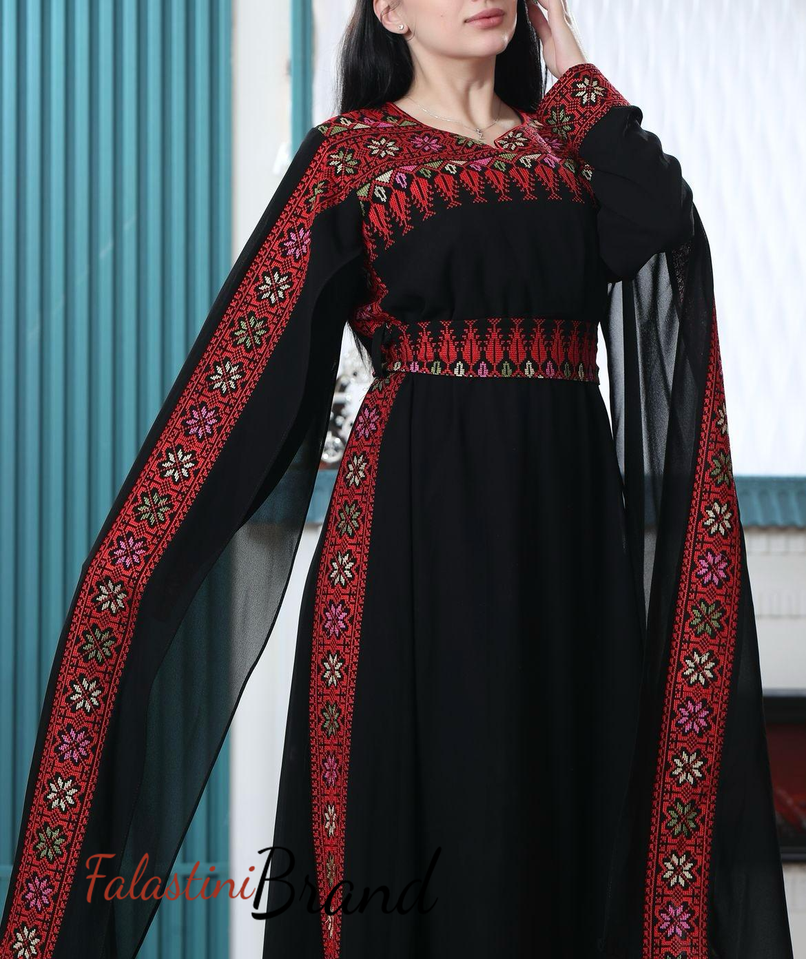 Elegant Black and Red Shoulder Drapes Embroidered Dress Elegant Black and Red Shoulder Drapes Embroidered Dress