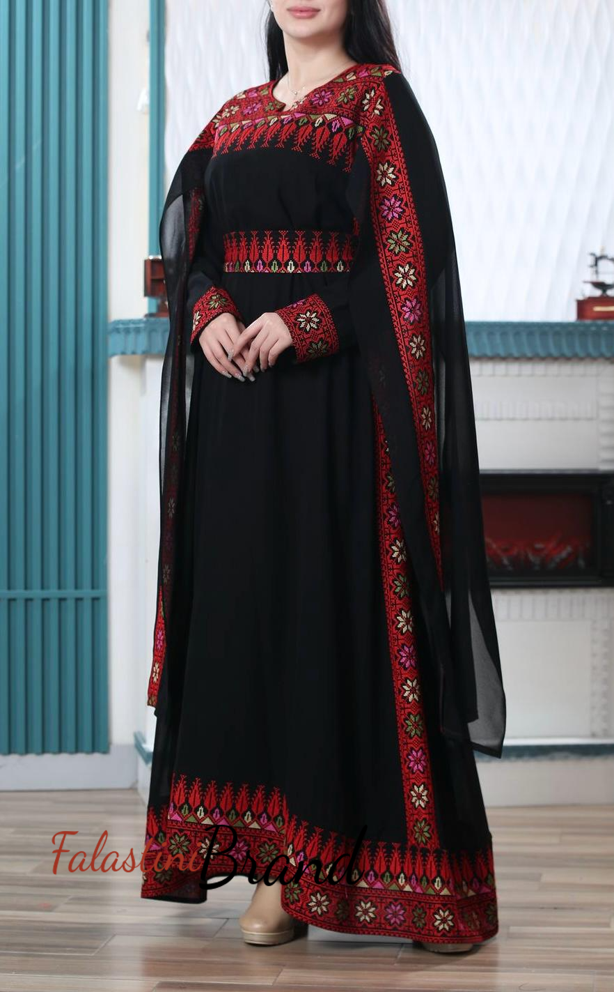 Elegant Black and Red Shoulder Drapes Embroidered Dress Elegant Black and Red Shoulder Drapes Embroidered Dress