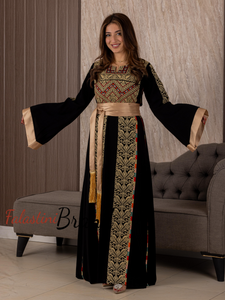 Black And Golden Palestinian Embroidered Thobe with Manajil and Satin Cuffs Details Black And Golden Palestinian Embroidered Thobe with Manajil and Satin Cuffs Details