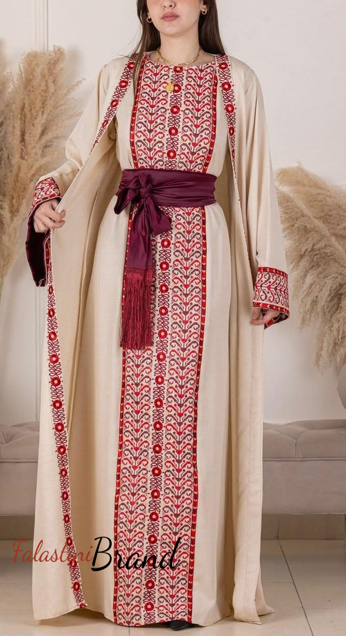 Elegant Beige With Red Dress and Abaya Set With Palestinian Embroidery 42/(L) Elegant Beige With Red Dress and Abaya Set With Palestinian Embroidery 42/(L)