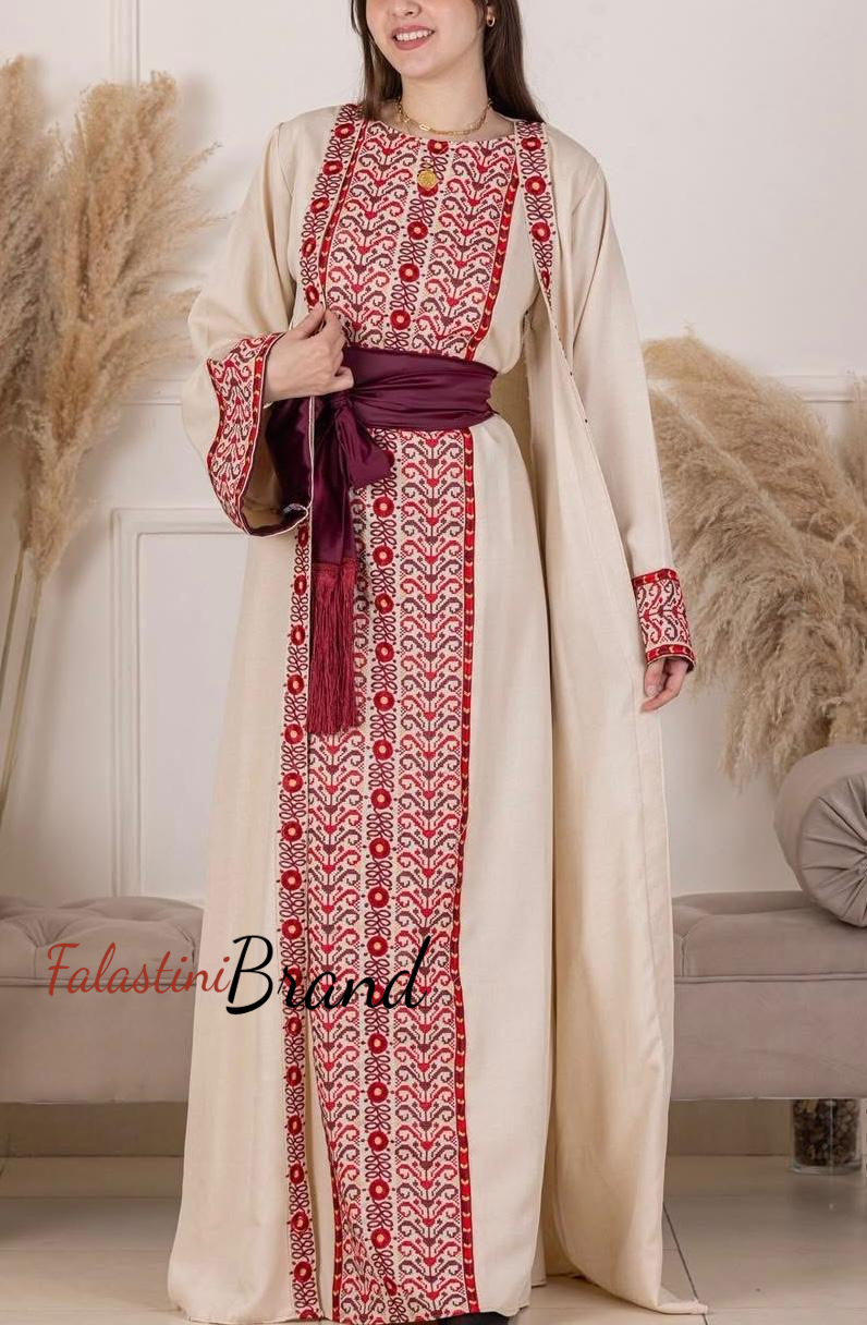 Elegant Beige With Red Dress and Abaya Set with Palestinian Embroidery Elegant Beige With Red Dress and Abaya Set with Palestinian Embroidery