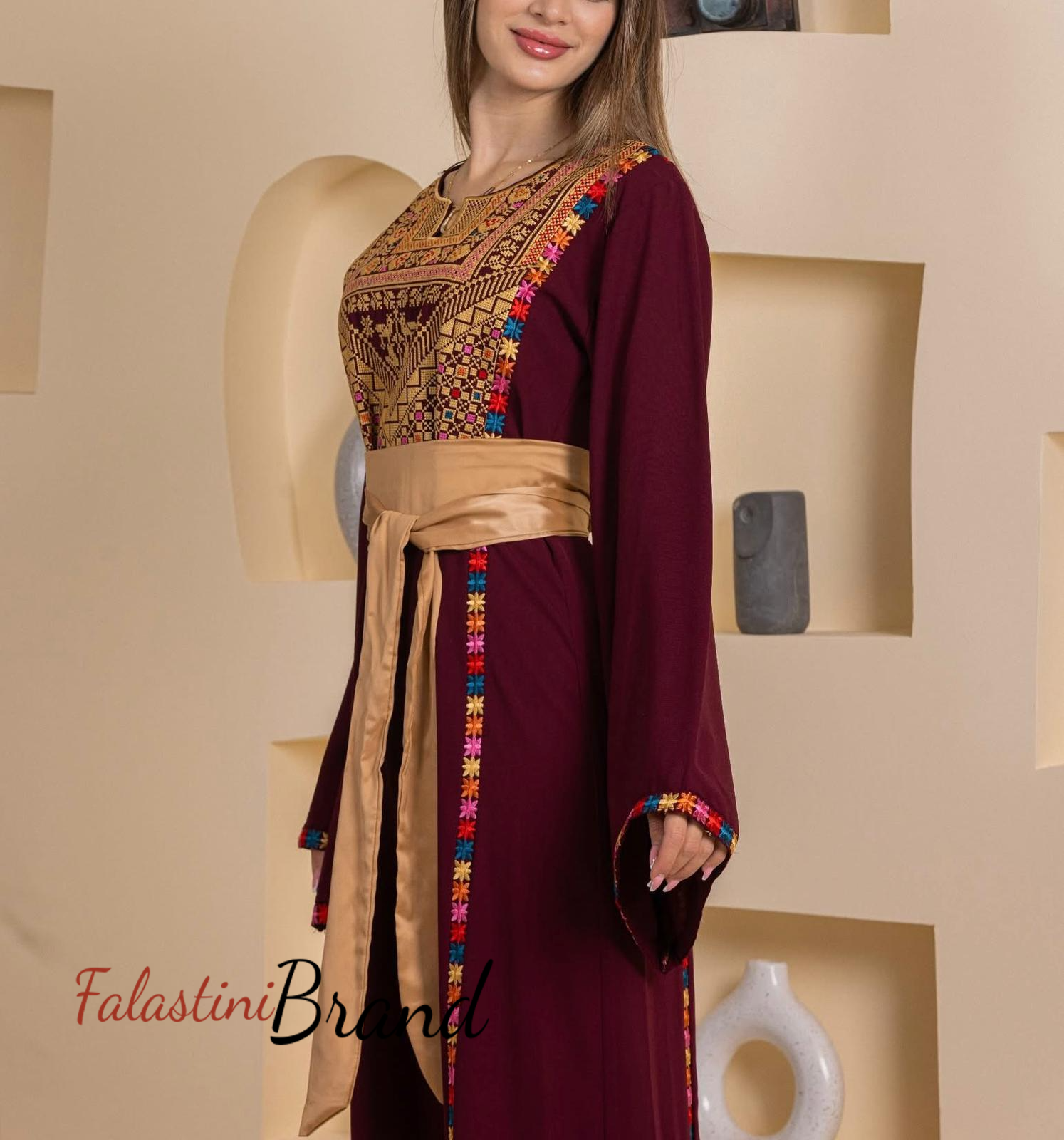 Elegant Stylish Burgundy Thob With Satin Belt 48(3XL) Elegant Stylish Burgundy Thob With Satin Belt 48(3XL)