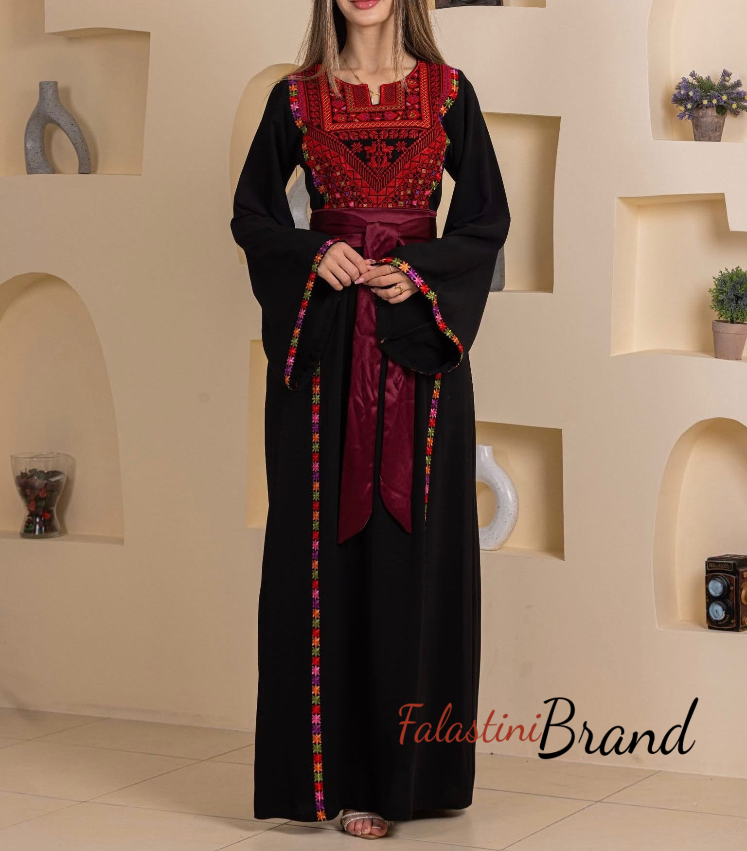 Elegant Stylish Black Thob with Colorful Orooq Details and Satin Belt 48(3XL) Elegant Stylish Black Thob with Colorful Orooq Details and Satin Belt 48(3XL)