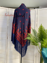 Navy Blue Shawl with High Quality Machine Embroidery and Fringe Hem