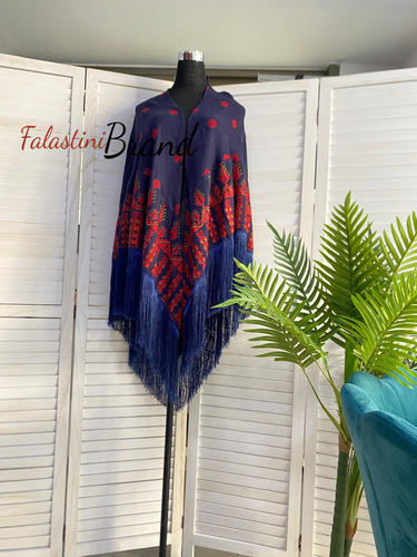 Navy Blue Shawl with High Quality Machine Embroidery and Fringe Hem