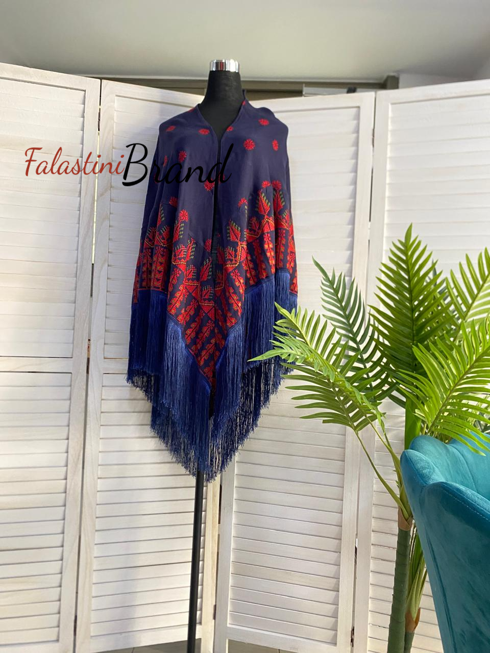 Navy Blue Shawl with High Quality Machine Embroidery and Fringe Hem